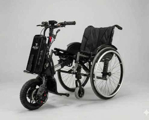 Mobilitätslösung: Schwarzer Ottobock Motus CV 2 Rollstuhl kombiniert mit einem kompakten Batec Mini 2 Elektro-Zuggerät