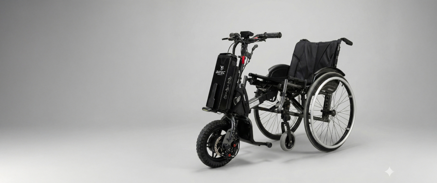 Mobilitätslösung: Schwarzer Ottobock Motus CV 2 Rollstuhl kombiniert mit einem kompakten Batec Mini 2 Elektro-Zuggerät