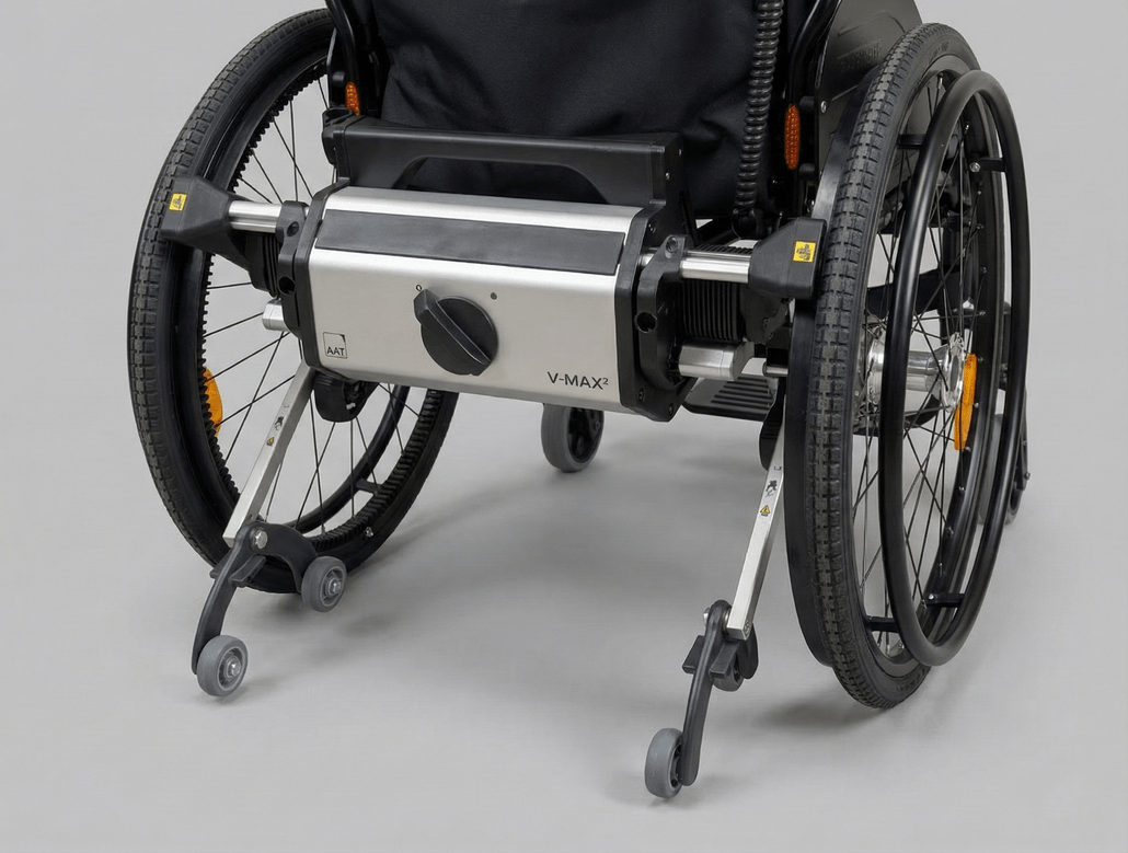 Nahaufnahme der V-Max² Antriebseinheit am Rollstuhl – Fokus auf die elektrische Brems- und Schiebehilfe.